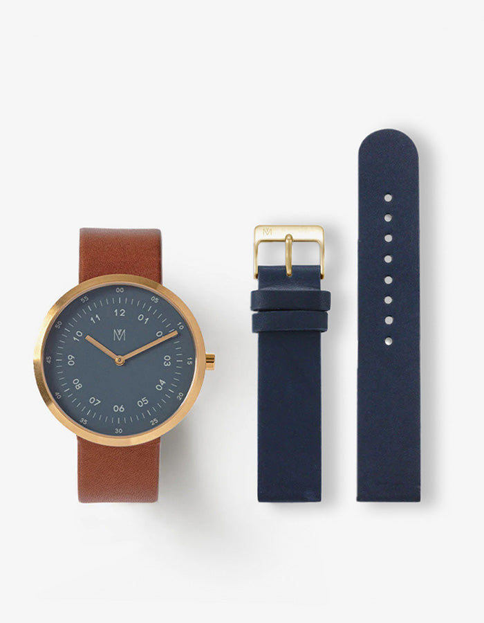 MUSTANG BROWN 40MM + NAVY LEATHER STRAP SET (GOLD)
